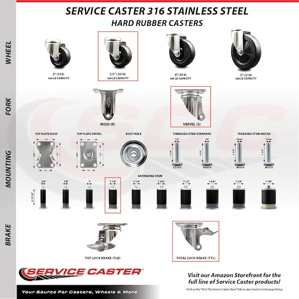 Service Caster 3.5 Inch 316SS Hard Rubber Swivel 1-1/8 Inch Stem Caster Lock Brake SCC, 2PK SCC-SS316TTLEX20S3514-HRS-2-S-2-118 - main
